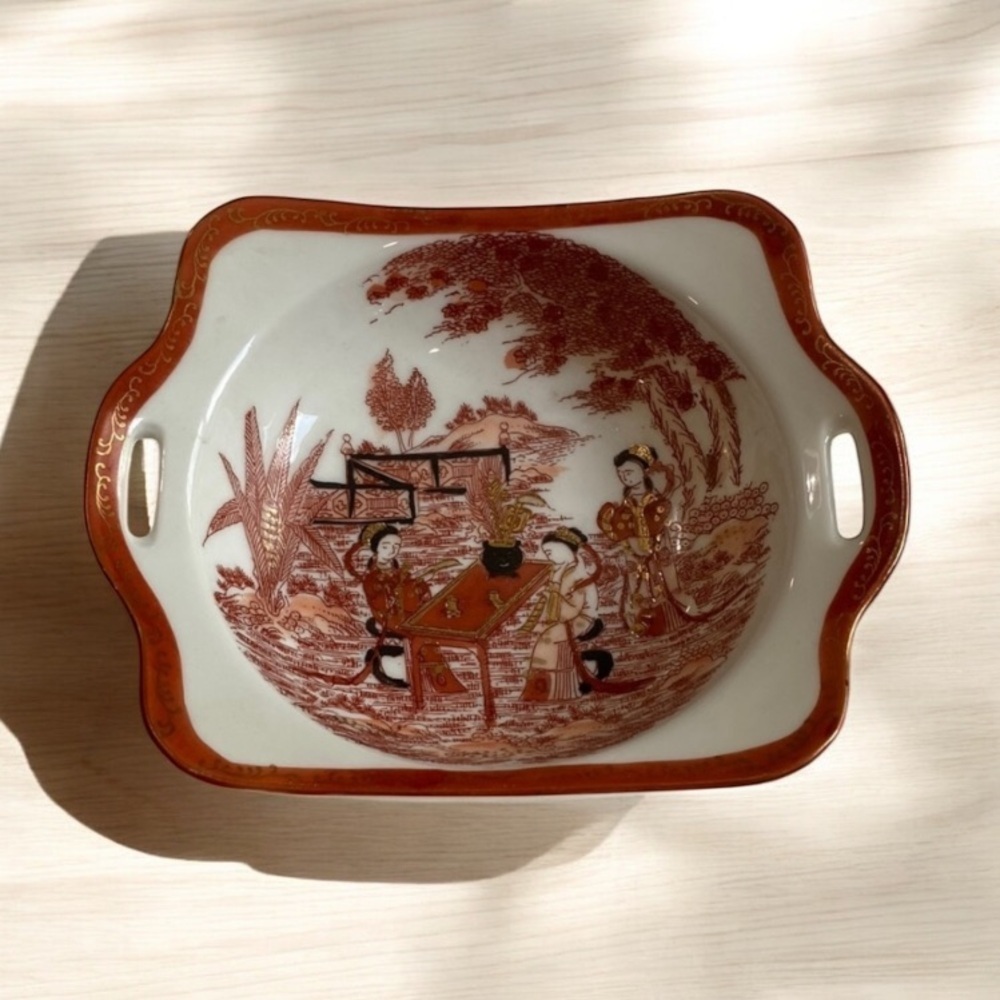 Vintage Asian-Inspired Ceramic Dish with Red Design